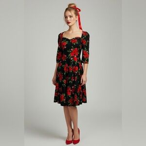 Hell Bunny Vixen Size Large Dress Black Red Roses‎ Rockabilly Pinup